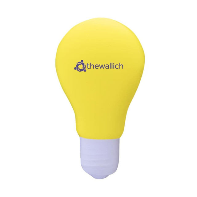 A yellow stress toy shaped like a light bulb, featuring a logo on its surface.