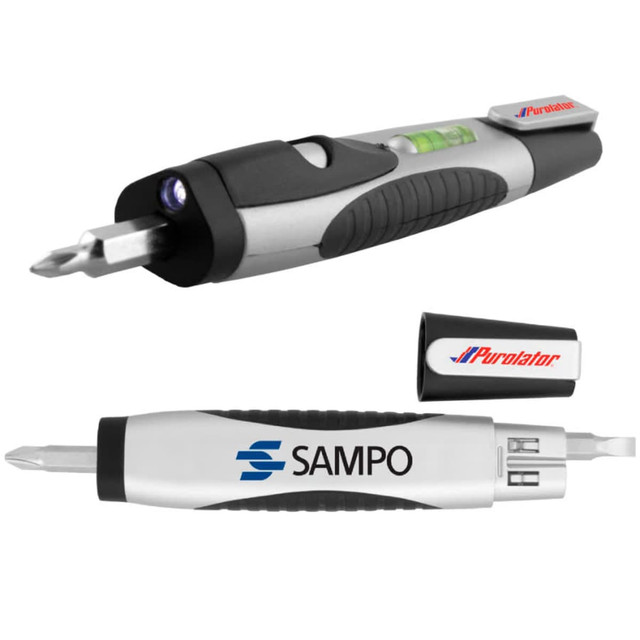 A flashlight tool kit featuring a silver and black design with a screwdriver, built-in level, and a small battery compartment.
