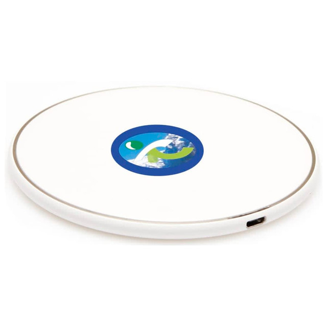 A round white wireless charging dock featuring a logo in the centre and a USB-C port on the side.