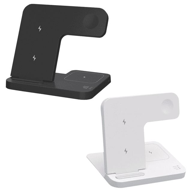 A foldable wireless charger in black and white, featuring multiple charging areas and a logo.