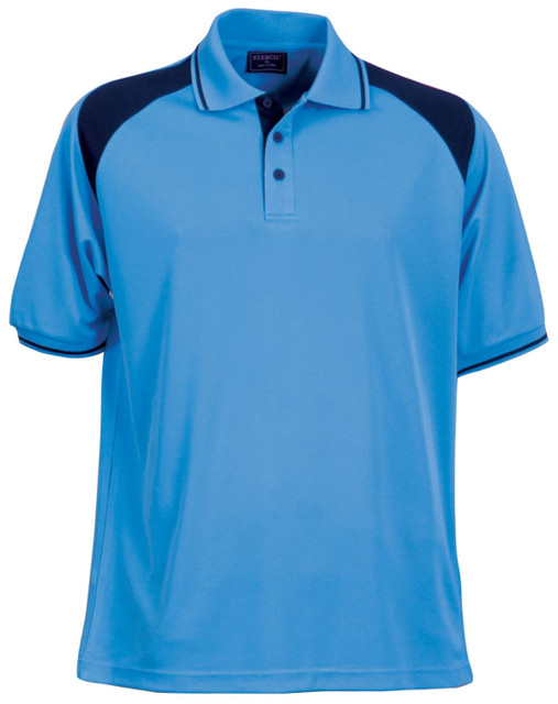 A blue men's polo shirt with navy accents and a collar, featuring a logo on the chest.