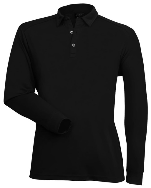 A black long-sleeve polo shirt with a collar, featuring a three-button placket and a logo.