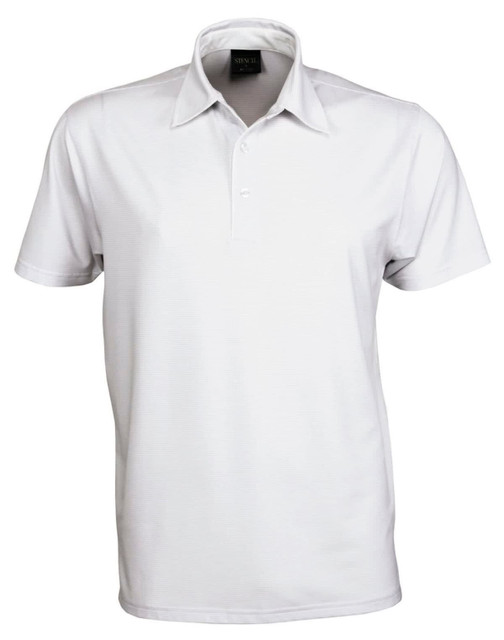 A short-sleeved, white polo shirt featuring a classic collar and a logo on the chest.