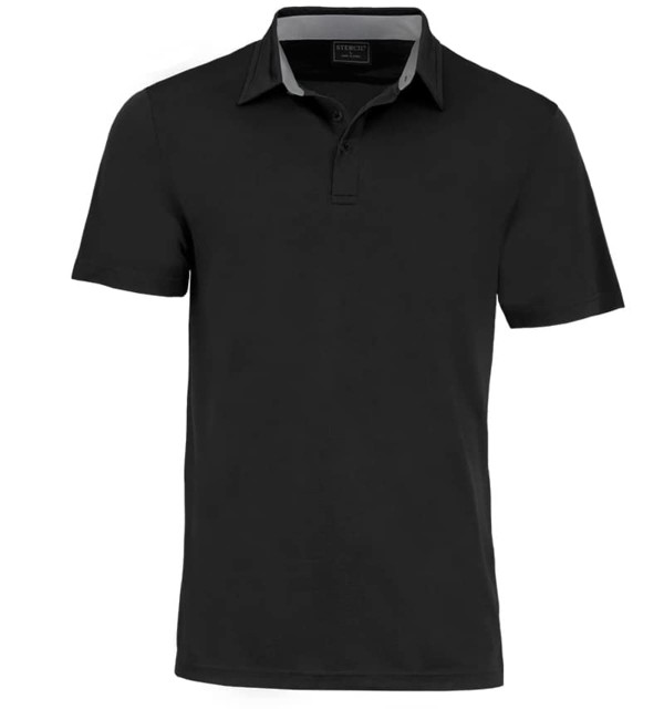 A black polo shirt with a contrasting collar and a logo on the chest. Short-sleeved design.