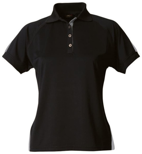 A black ladies' polo shirt with a collar and buttons, featuring a logo.