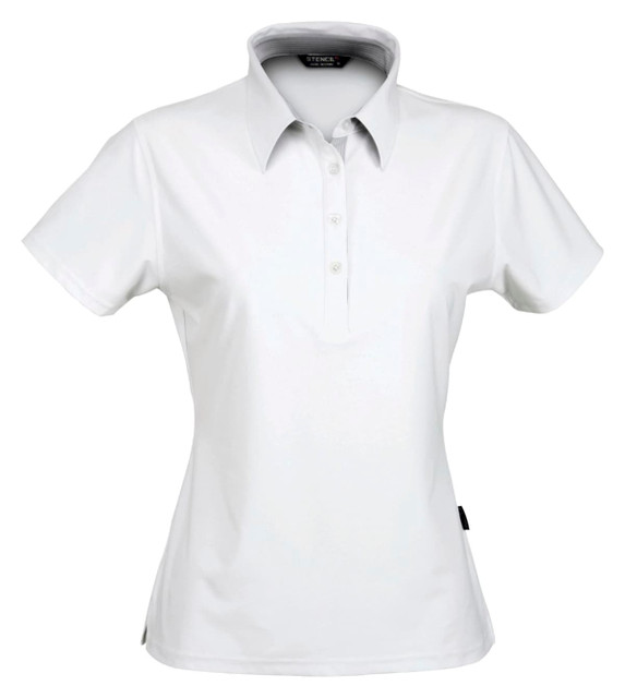 A white women's polo shirt featuring a collar, short sleeves, and a logo on the front.