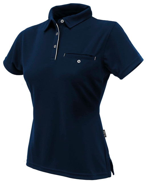 A navy blue polo shirt for ladies featuring a collar and a small chest pocket, with a logo on the side.