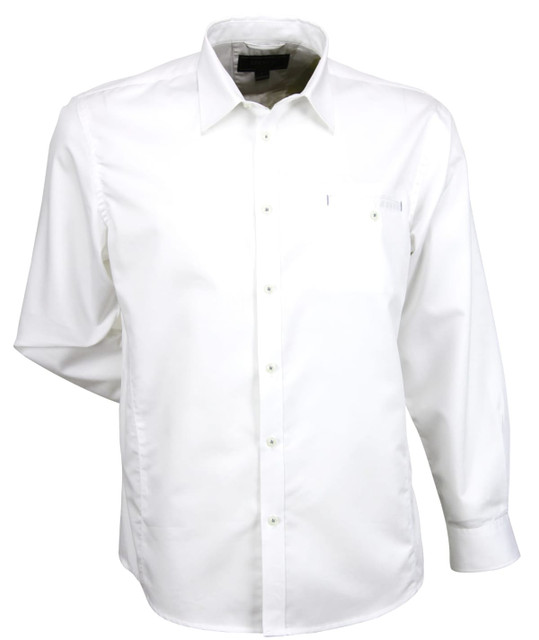 A white long-sleeve button-up shirt featuring a pocket and a logo.