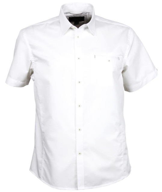 A short-sleeved white button-up shirt with a chest pocket and a logo.
