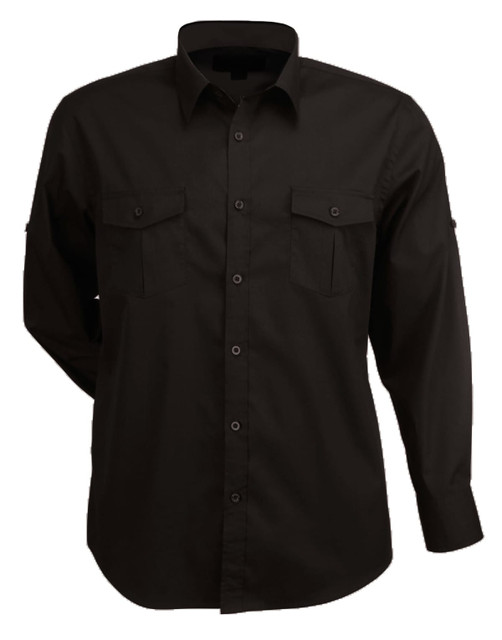 A black long-sleeve button-up shirt with two chest pockets and a logo on the collar.