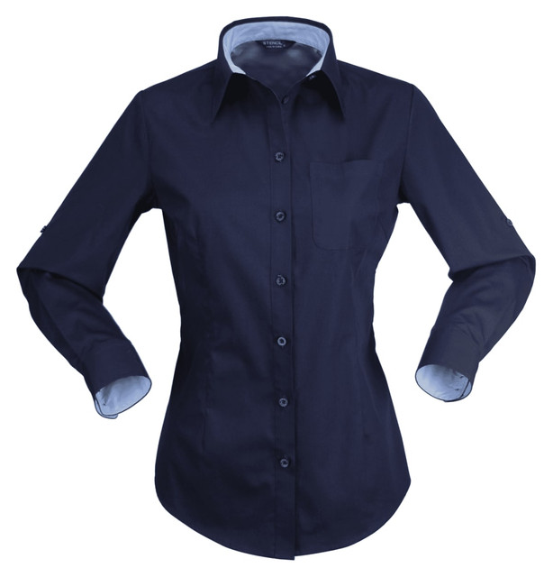 A navy blue ladies' button-up shirt with long sleeves and a chest pocket, featuring contrasting cuffs and a logo.