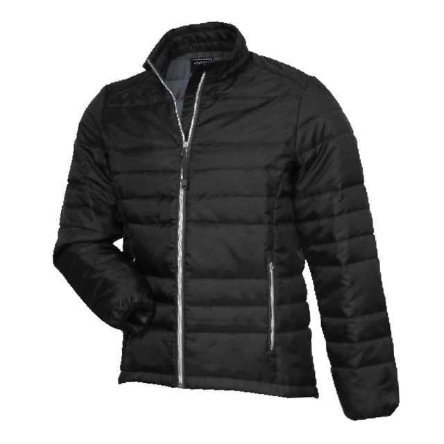 A black PACKLITE JACKET with a zip front and padded design, featuring a logo on the chest.