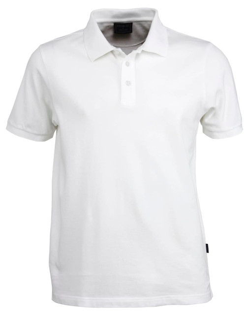 A white men's polo shirt with a collar and three-button placket, featuring a logo on the side.