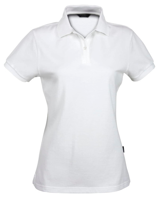 A white polo shirt for ladies with a classic collar and an accompanying logo.