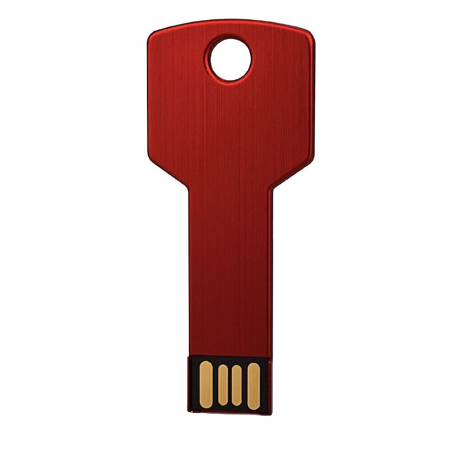 A red key-shaped USB flash drive with a gold connector and a hole for attachment. Features a logo.