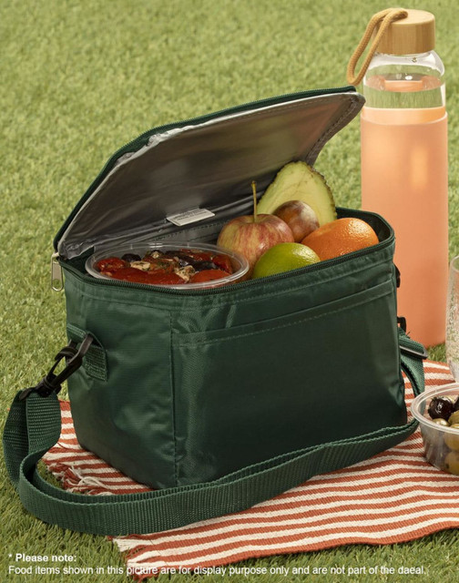 A red cooler bag with a zipper, featuring a detachable shoulder strap and a simple design. It has a logo.