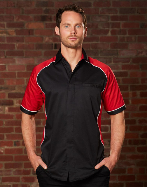 A men's button-up shirt featuring a tri-colour design with black, red, and white contrast detailing. It has a logo.