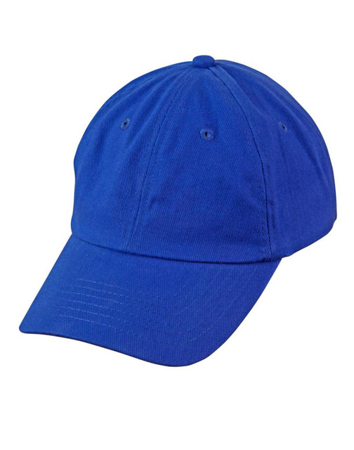 A blue unstructured cap featuring a logo, with a curved brim and ventilation holes.