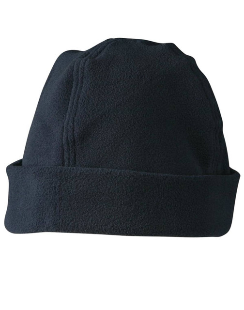 A polar fleece beanie in black, featuring a fold-up brim and a seamless top design. It has a logo.