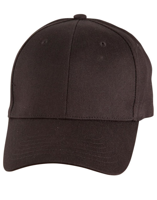 A black cotton fitted cap with a curved brim, featuring a logo on the front.