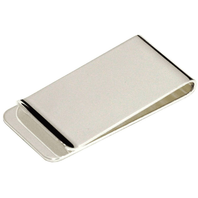 A silver metal money clip with a sleek, polished finish. It features a minimalistic design and branding.