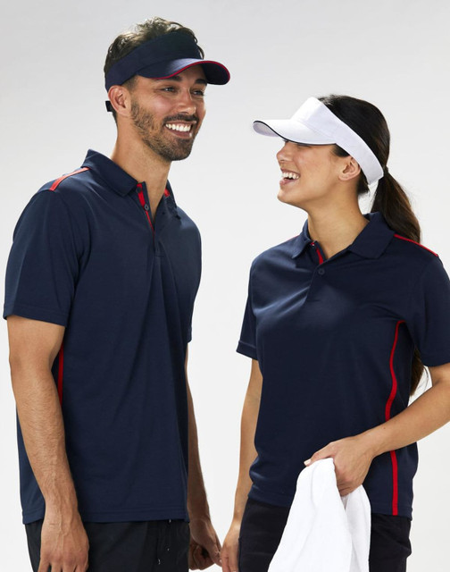 A navy visor with a contrasting white band, worn by a smiling man and woman in matching polo shirts.