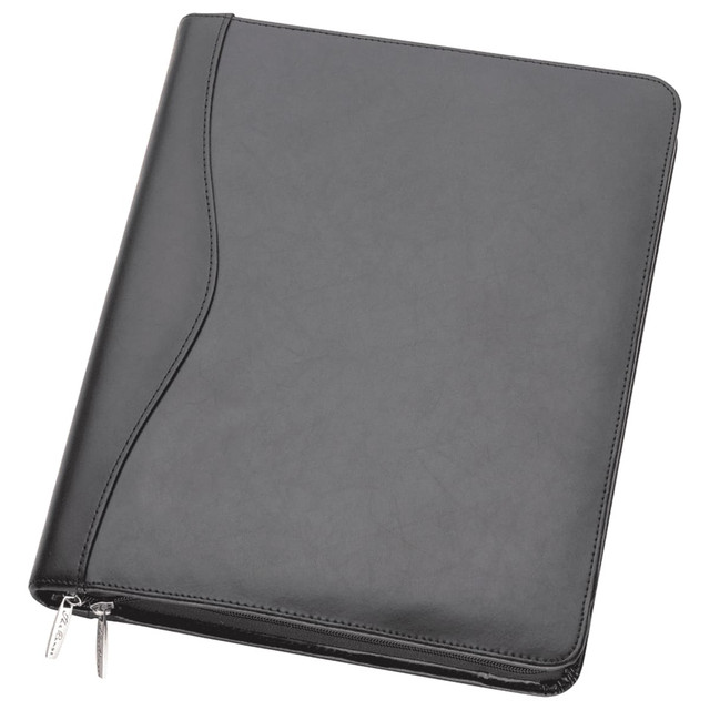 A black leather compendium featuring a zip closure and a stylish, curved design, includes a logo.