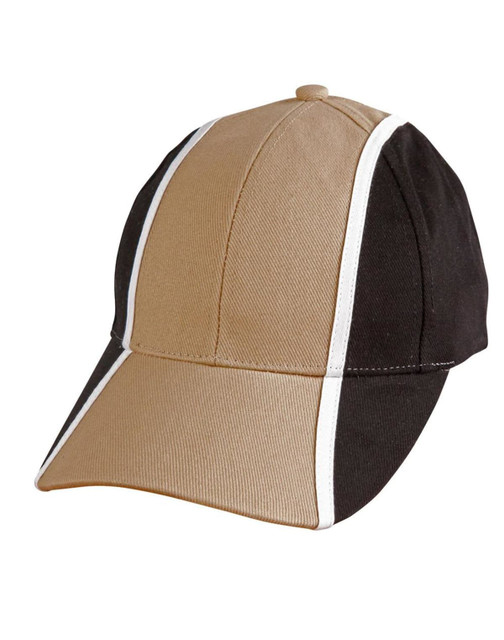 A tri-colour baseball cap featuring black, tan, and white panels, with a curved brim and a rear adjustment strap.