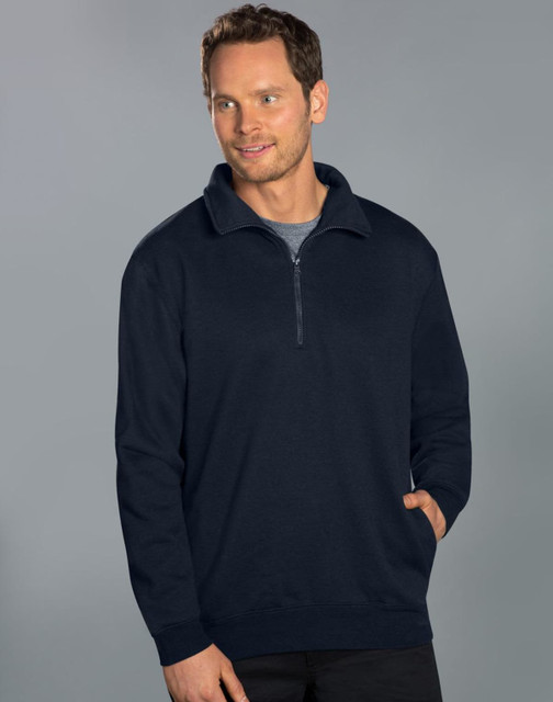 A navy 1/2 zip collar fleecy jumper featuring a front pocket and a logo on the chest.