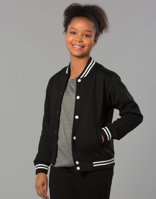 A black kid's fleece varsity jacket with white stripes on the cuffs and collar, featuring a central button closure and a logo.