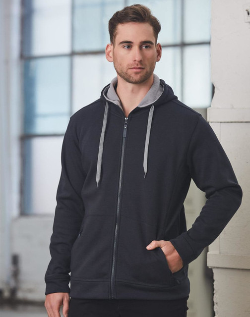Men's full zip fleece hoodie in black with grey contrast hood. Features pockets and a logo on the chest.