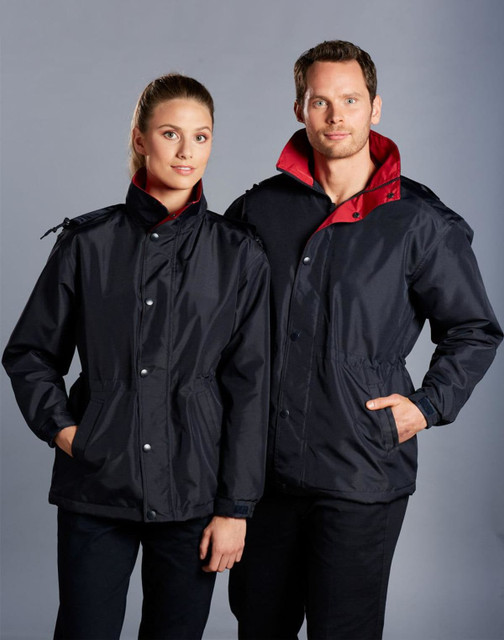 A black varsity jacket with a red collar, displayed on two models, featuring a logo on the chest.
