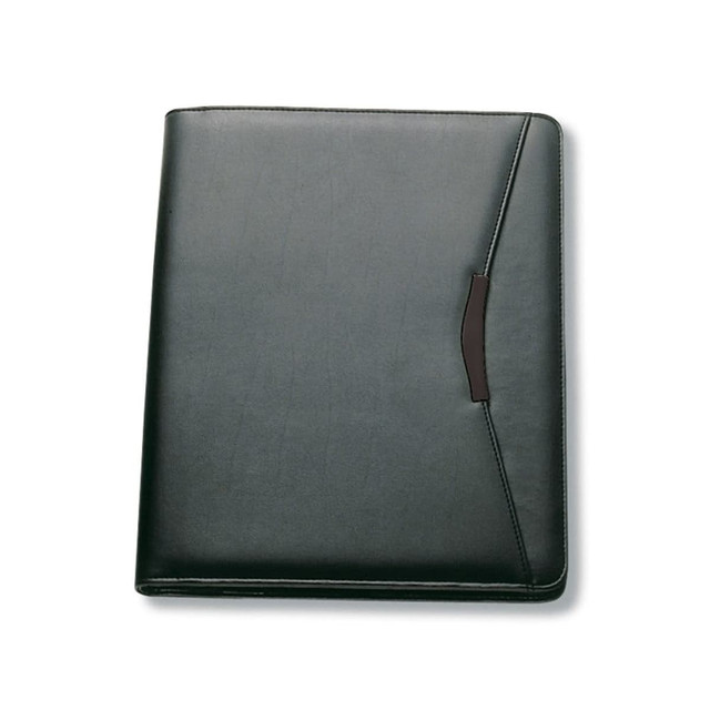 A green imitation leather A4 zippered compendium with a sleek design and a decorative black accent.