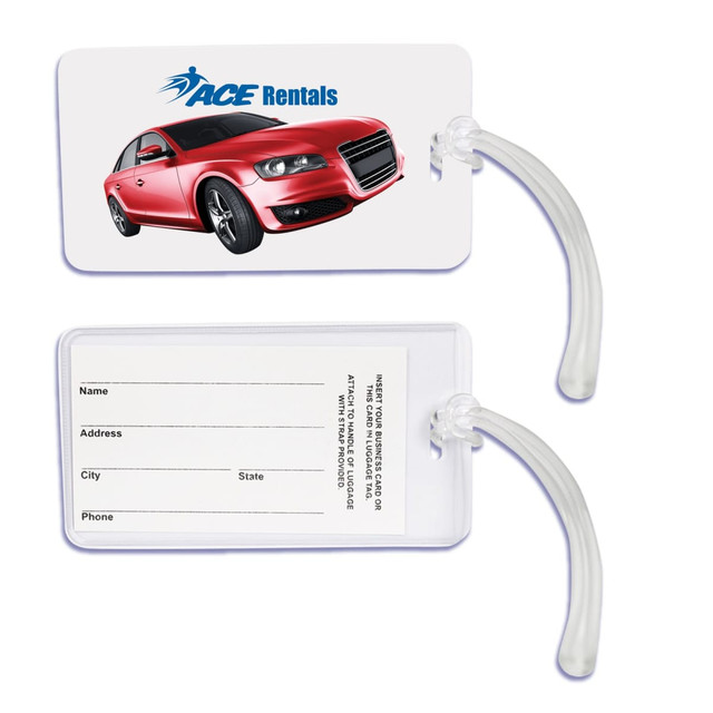 A luggage tag featuring a red car design and a clear backing for personal information, with a logo.