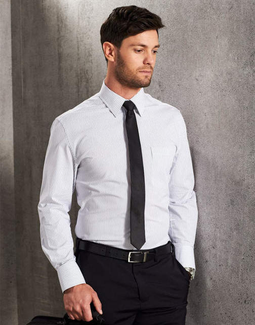 A men's long sleeve button-up shirt in white with navy ticking stripes, paired with a black tie and trousers.