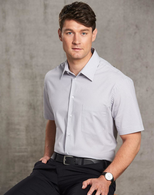 A short-sleeved button-up shirt with a light grey ticking stripe pattern, featuring a collar and a logo.