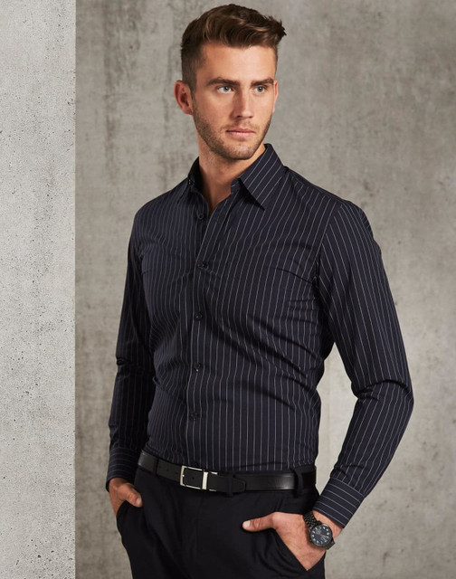 A men's long sleeve button-up shirt in navy with white pin stripes, featuring a logo on the chest.