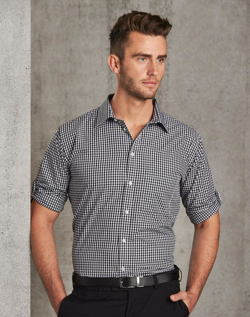 A men's black and white gingham check roll-up long sleeve shirt with a fitted design and a logo.