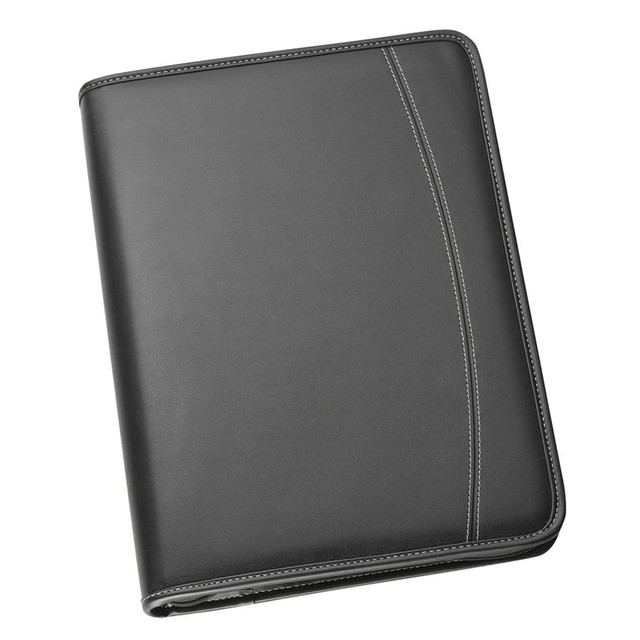 A black imitation leather A4 compendium featuring stitches and a logo. Ideal for office and business use.