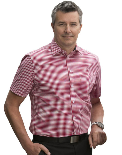 A short-sleeved men's button-up shirt in red and white gingham check, featuring a logo.