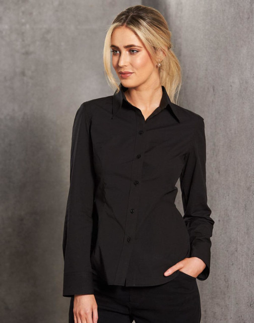 A black women's cotton/poly stretch long sleeve button-up shirt with a fitted design and a collar.