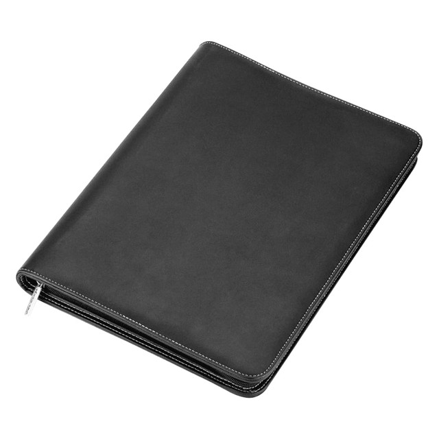 A black imitation leather zip compendium with white stitching, featuring a logo on the front.