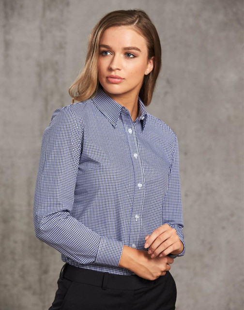A ladies' long-sleeve button-up shirt in navy and white check pattern, featuring a collar and logo branding.
