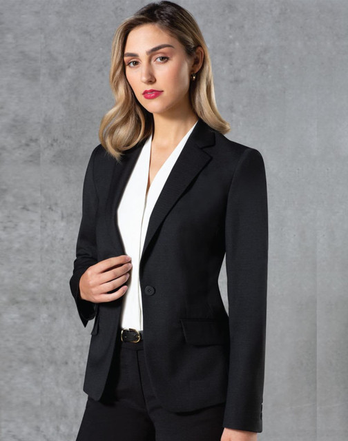 A black wool blend stretch one-button cropped jacket with a fitted silhouette and a single front button.