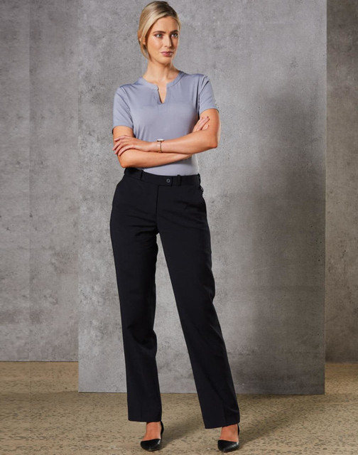 Women's slim leg pants in black wool stretch, featuring a flexi waist design, paired with a light grey top.