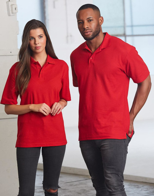 A unisex traditional polo shirt in bright red, displayed on a male and female model. Features a logo.