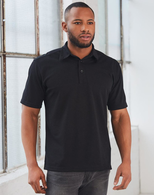 A black polo shirt with a collared neckline and short sleeves, featuring a logo on the chest.