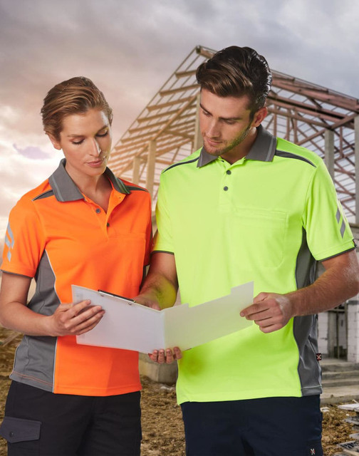 Two individuals wear the AIWX Vented Cooldry Polo shirts in bright orange and high-visibility yellow, with grey accents.
