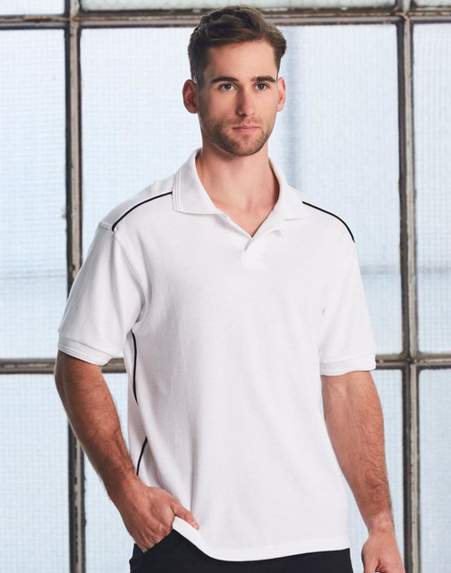 A white polo shirt featuring black accents, designed for men, with a logo on the chest.
