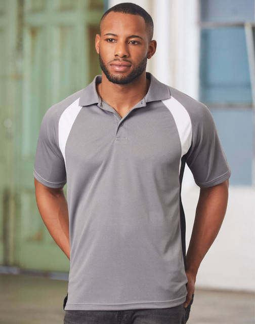 A men's polo shirt in grey with white and black accents, featuring a logo on the chest.